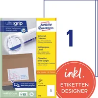 AVERY Zweckform Etiketten ultragrip 3418, weiß, 200x297mm, rechteckig 4004182034187 AVERY Zweckform 100 Stück