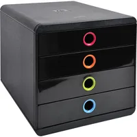 Exacompta Schubladenbox POP-BOX  schwarz mit bunten Grifflöchern 314498D, DIN A4 mit 4 Schubladen, 1 St.