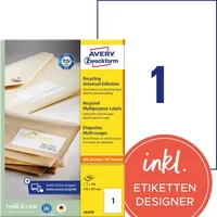 AVERY Zweckform Etiketten Recycling LR3478, weiß 210x297mm, rechteckig,  4004182035436 AVERY Zweckform 100 Stück