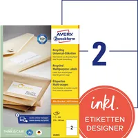 AVERY Zweckform Etiketten Recycling LR3655, weiß 210x148mm, rechteckig,  4004182035429 AVERY Zweckform 200 Stück