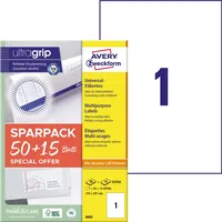 AVERY Zweckform Etiketten ultragrip SPARPACK 50 + 15 Blatt 6603, weiß 210x297mm, rechteckig,  4004182066034 AVERY Zweckform 65 Stück