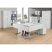 Soennecken Schreibtisch FLEX MODUL, elektrisch höhenverstellbar, 60,5-125,5cm (H), 180/140x80cm (BxT), Freiform, lichtgrau / silber 4003969