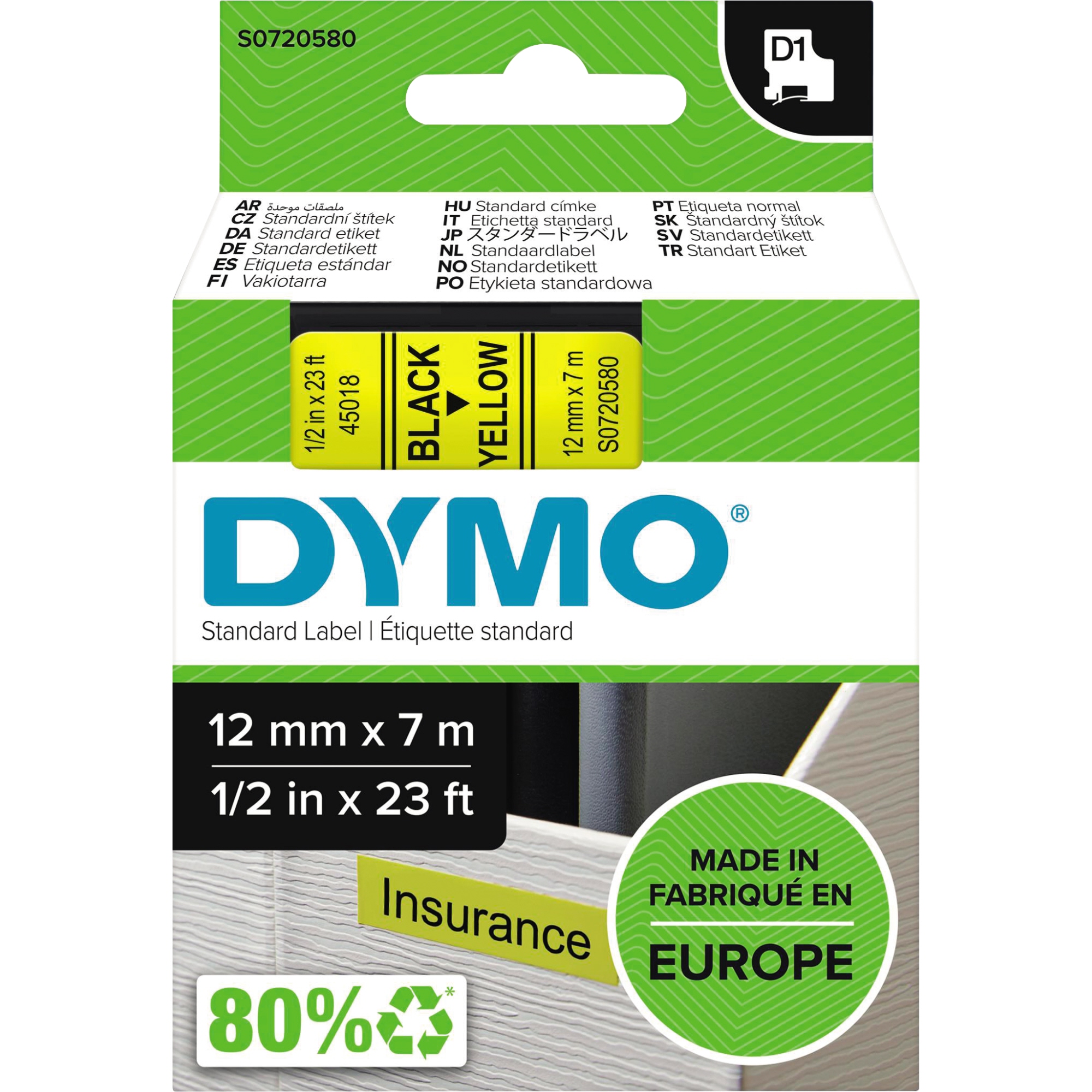 DYMO® Schriftbandkassette D1 12 mm x 7 m (B x L) gelb — 2